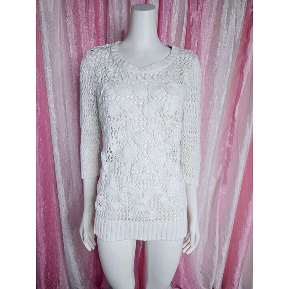 Christopher & Banks White Crochet Cotton Knit Flower Sweater Size Medium - Picture 2 of 15